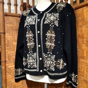 Vintage Y2K Marisa Christina Black Pearl Beaded Angora Cardigan Jacket Sweater M
